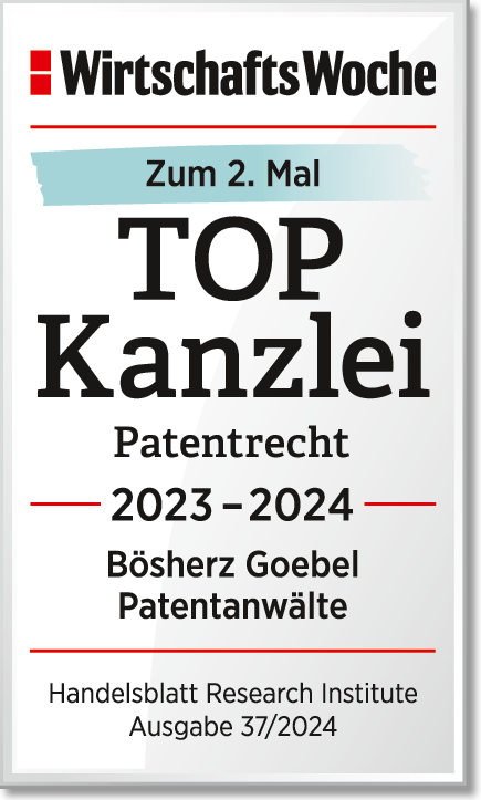 WirtschaftsWoche: TOP Kanzlei Patentrecht 2023–2024, Bösherz Goebel Patentanwälte